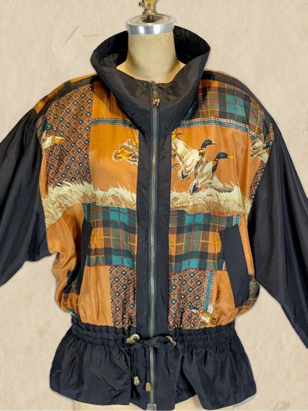 VINTAGE 80s lodge glam duck jacket coat 100% silk mallard plaid dolman sleeve